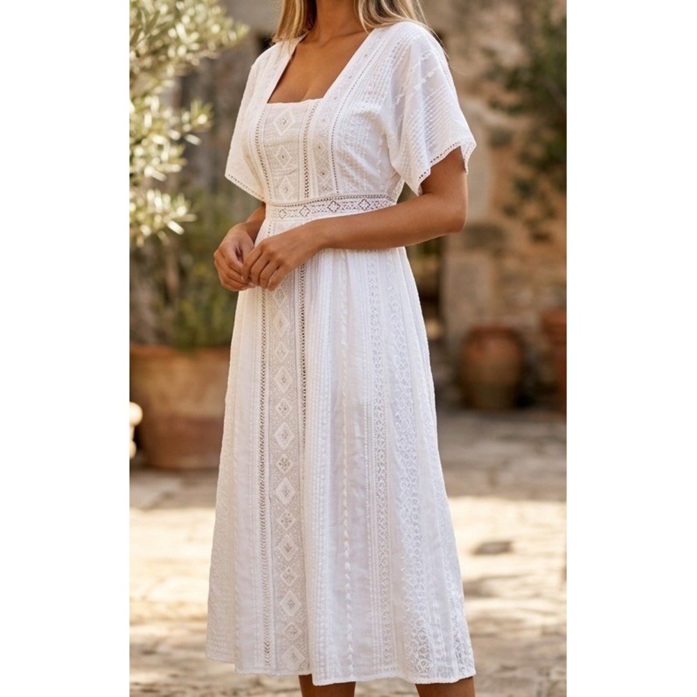 Anthropologie Alene Embroidered Lace Midi Dress White Sz 4 Boho NWT Cotton